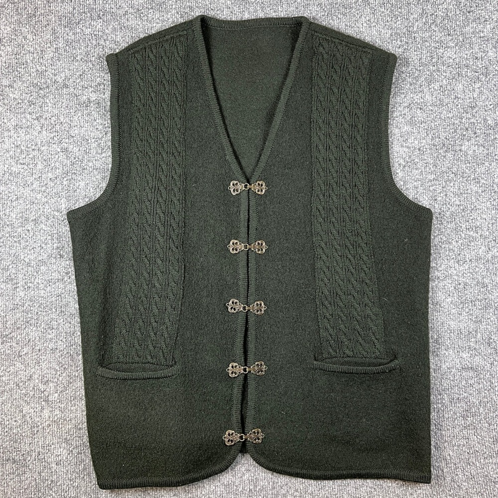 VTG Aran Sweater Vest Mens M Green 100% Wool Cable Knit Clasp Hook and Eye Dale